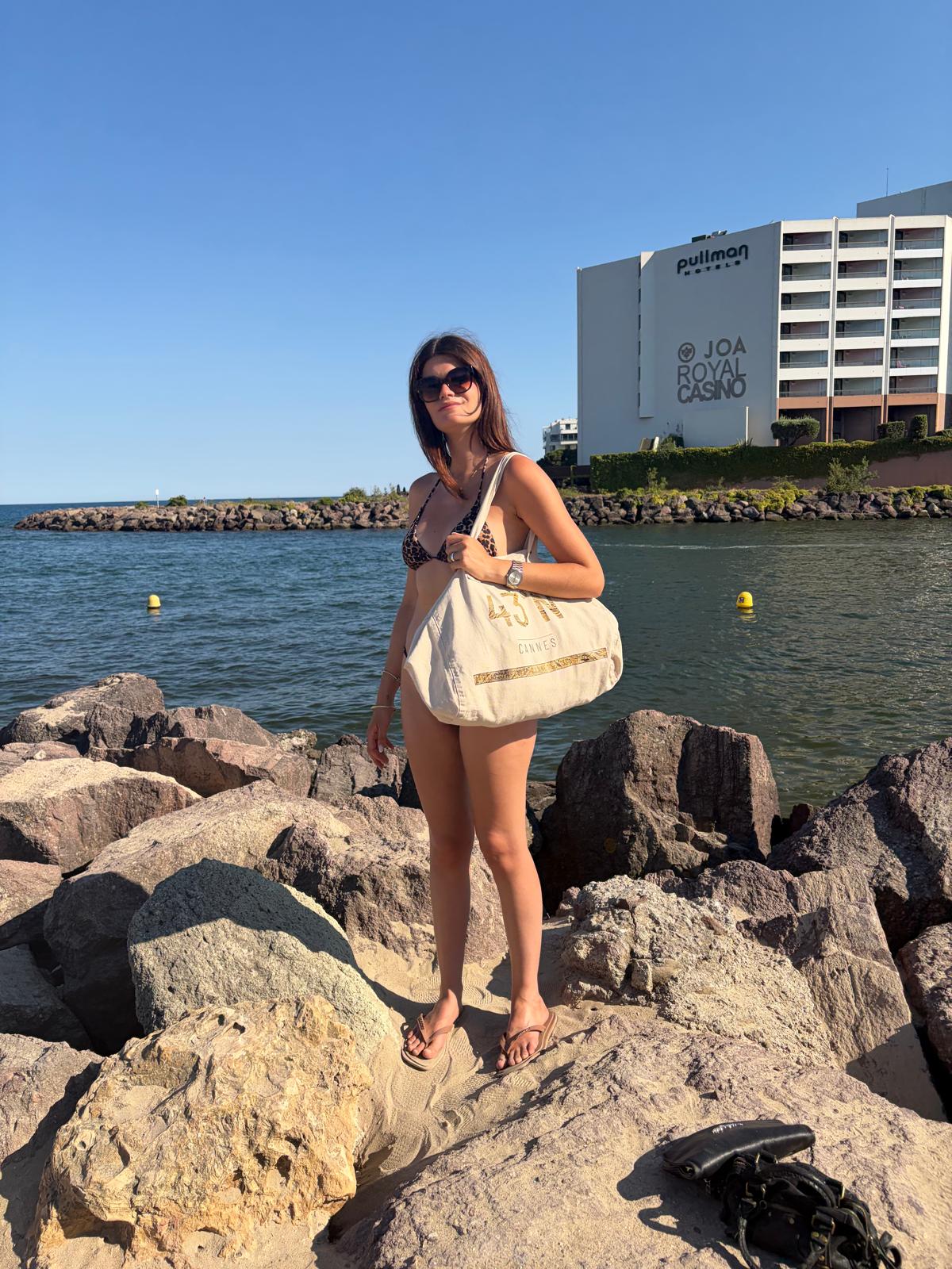 Maxi cabas 43°N doré sur écru — grande toile de coton, sac de plage édition limitée Made in Cannes